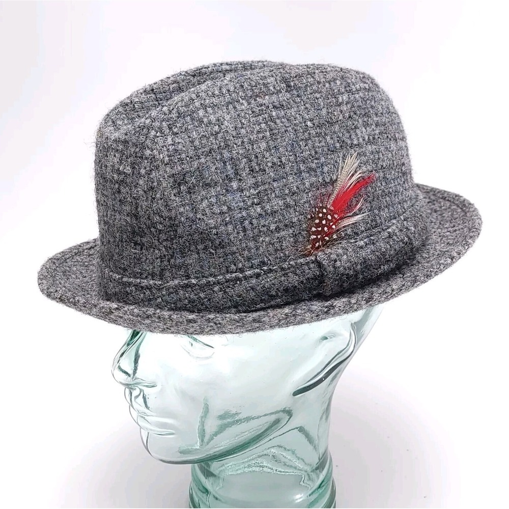 Vtg Harris Tweed 100% Scottish Wool Fedora Hand‎ Woven XL 7 1/2 Mens Gray Blue